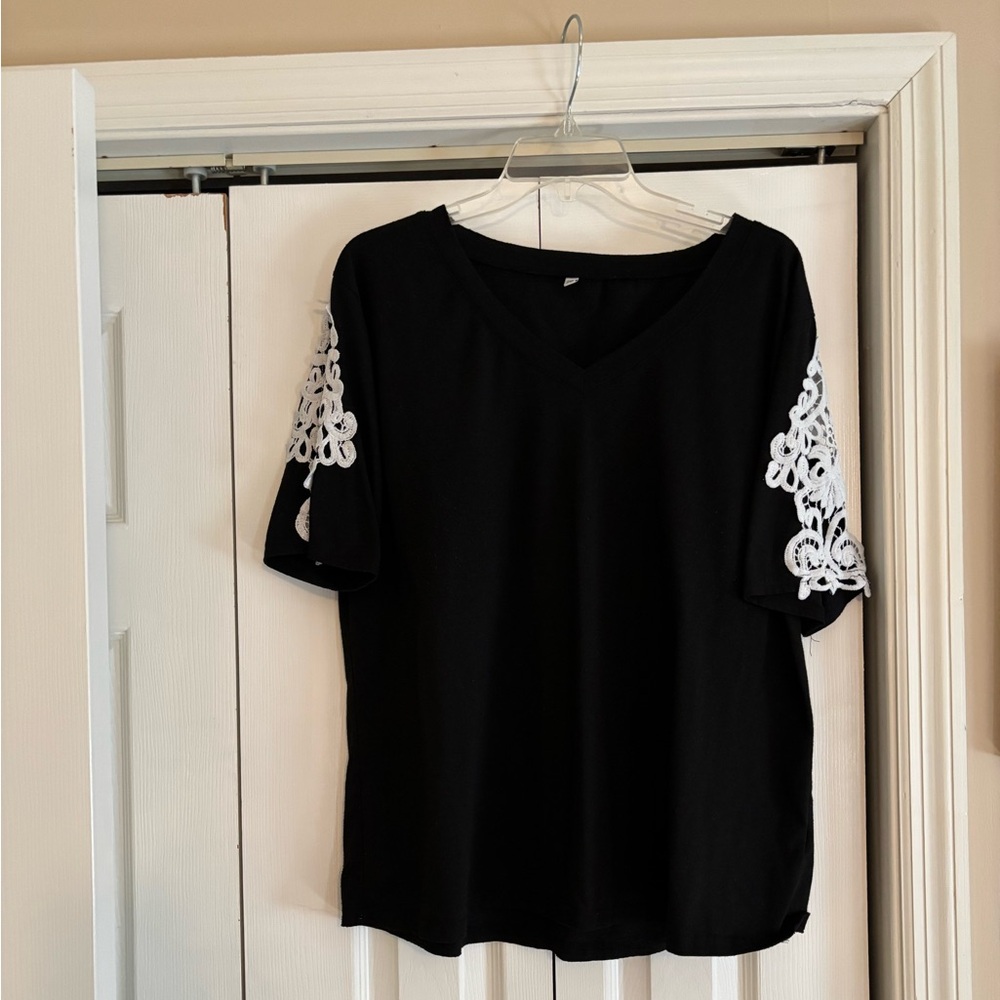 Black with white laced sleeve blouse